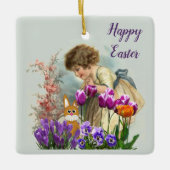 paasmeisje Bunny Rabbit en Tulips Keramisch Ornament (Voorkant)