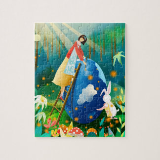 Paasmeisje en Konijn Schilderen Reus Ei Blauw Legpuzzel