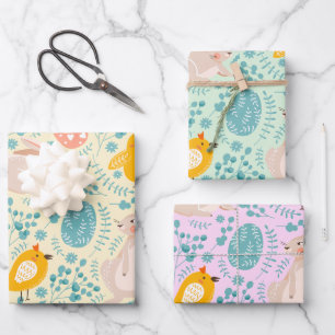 Paaspatroon met eieren, konijntje, kuiken, bloemen inpakpapier vel