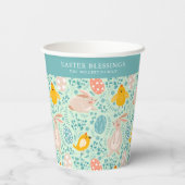 Paaspatroon met eieren, konijntje, kuiken, bloemen papieren bekers (Achterkant)