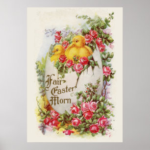 Paasposter met baby kuikens en rozen poster