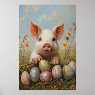 Paasvarkenprint, boerderij lente pastel kinderkame poster