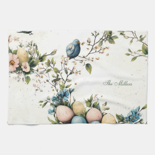 Paasvogels & Pastel Eieren Waterverf Bloemen Theedoek