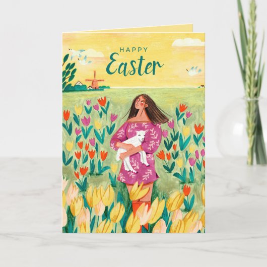 Paasvrouw en bloemen feestdagen kaart (Voorkant)