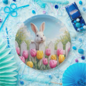 Paaswit konijn in een tulpentuin papieren bordje (Feest)