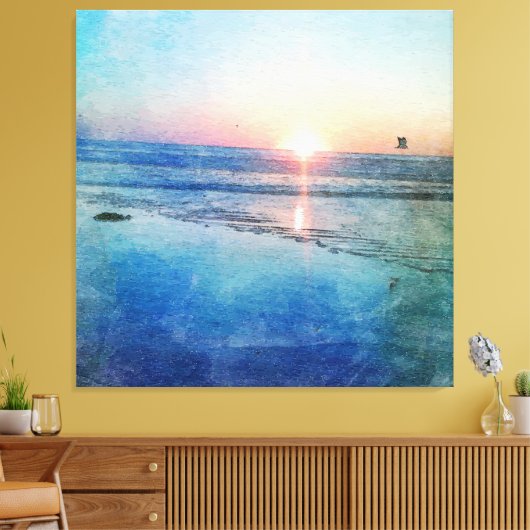 Pacific Beach Sunset Waterverf Canvas Afdruk (Insitu (Woonkamer))