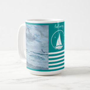 Pacific zeegezicht/aqua blauw/zeil weg/zeilboot koffiemok