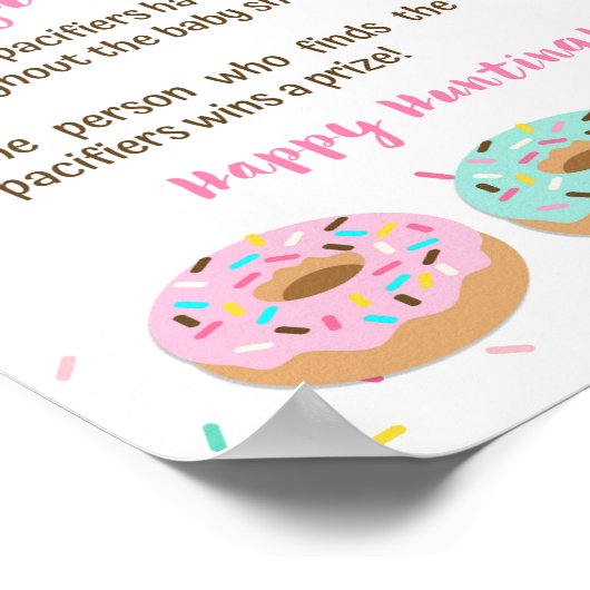 Pacifier Hunt Baby shower Game Sign Roze Donuts Poster (Hoek)