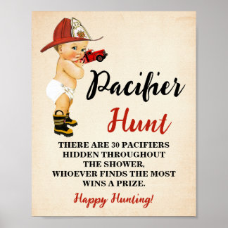 Pacifier Hunt Game Little Firefighter Baby shower Poster