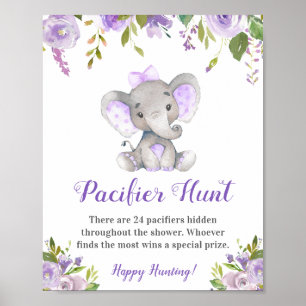 Pacifier Hunt Lavender Girl Elephant Baby shower Poster