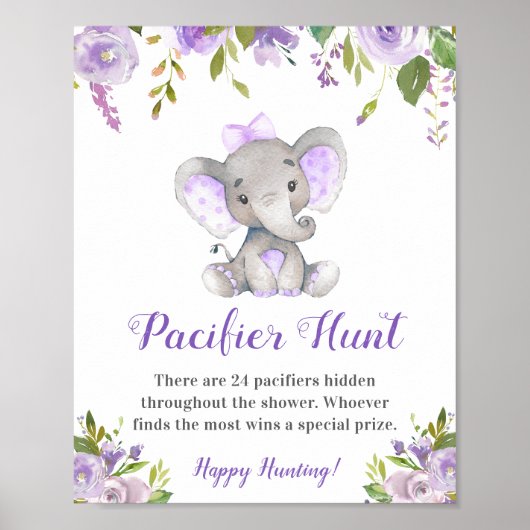 Pacifier Hunt Lavender Girl Elephant Baby shower Poster (Voorkant)