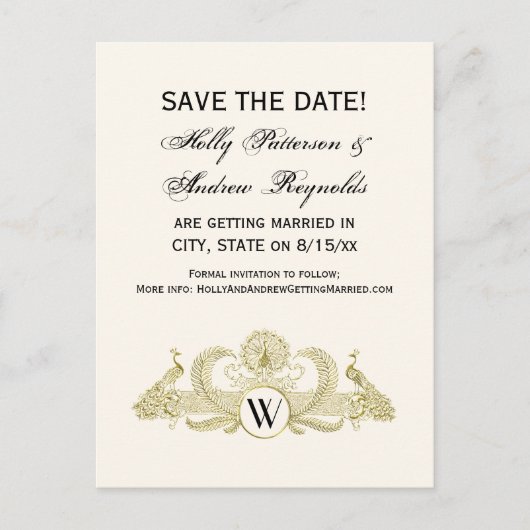  pacocks Monogram Faux Gold Ivory BG Aankondigingskaart (Voorkant)