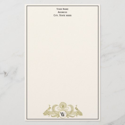  pacocks Monogram Faux Gold Ivory BG Briefpapier (Voorkant)