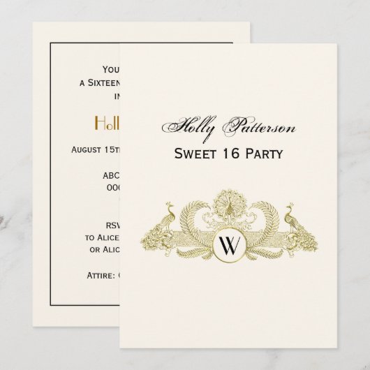  pacocks Monogram Faux Gold Ivory BG Kaart (Voorkant / Achterkant)