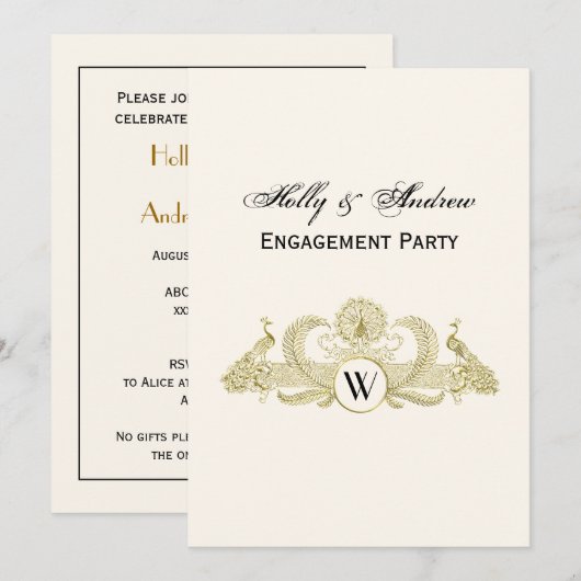  pacocks Monogram Faux Gold Ivory BG Kaart (Voorkant / Achterkant)