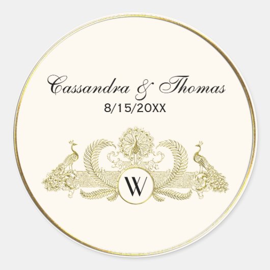  pacocks Monogram Faux Gold Ivory BG Ronde Sticker (Voorkant)