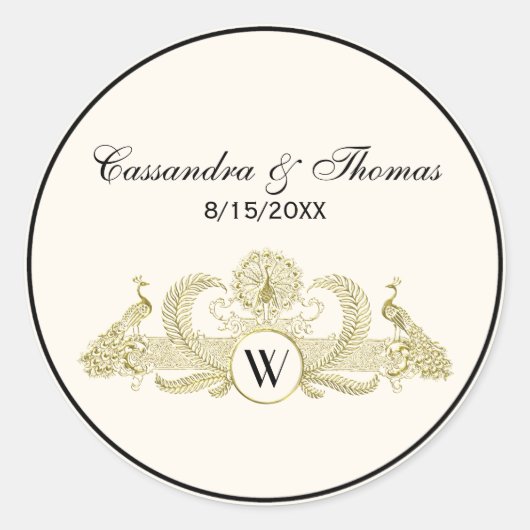  pacocks Monogram Faux Gold Ivory BG Ronde Sticker (Voorkant)