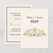 pacocks Monogram Faux Gold Ivory BG RSVP Kaartje (Voorkant / Achterkant)