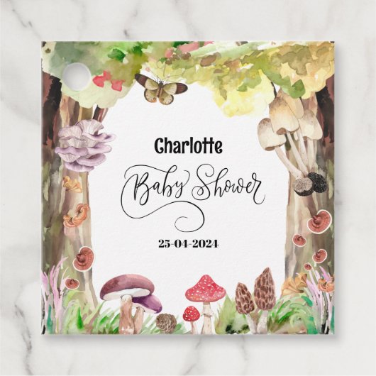 Paddenstoel baby shower bosgebied bedankjes labels (Voorkant)