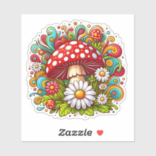 Paddenstoel te midden van levendige bloemen buiten sticker