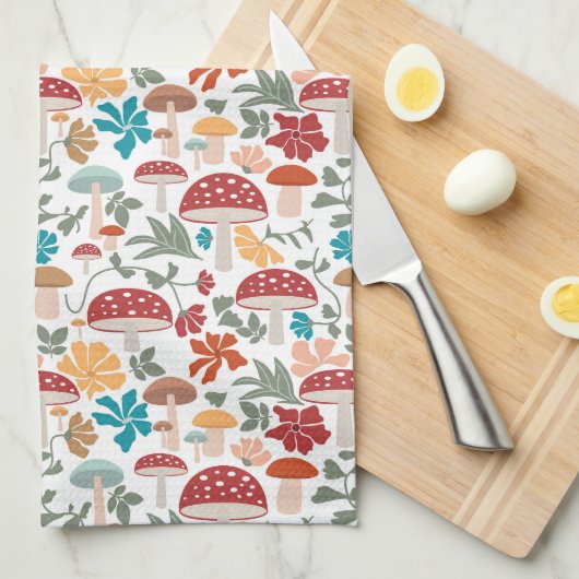 Paddenstoelen & Bloemen Mid Century Modern Patroon Theedoek (Quarter Fold)