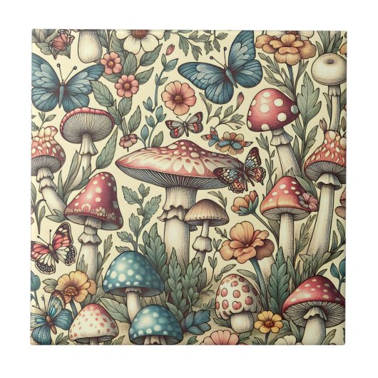  paddenstoelen, bloemen, vlinders grillig tegeltje (Voorkant)