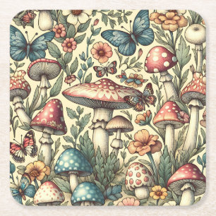 paddenstoelen, bloemen, vlinders grillig vierkante kartonnen onderzetter