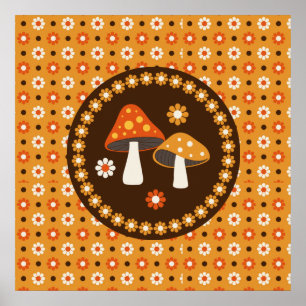 Paddenstoelen en bloemen, met zoete retro poster