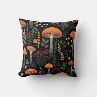 Paddenstoelen en gebladerte op zwarte achtergrond  kussen