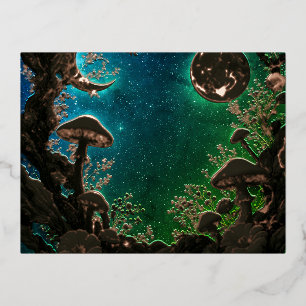 Paddenstoelen en Manen Turquoise Blauw Fairycore Folie Feestdagen Briefkaart