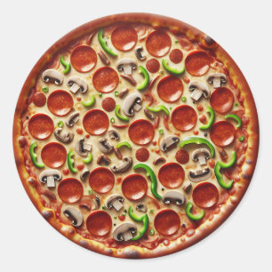 Paddenstoelen, groene paprika's en Pepperoni Pizza Ronde Sticker