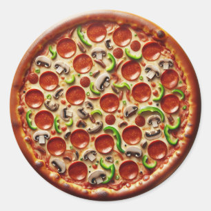 Paddenstoelen, groene paprika's en Pepperoni Pizza Ronde Sticker