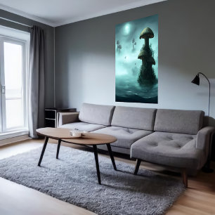 Paddenstoelen, mist en oceaan AI Art Poster