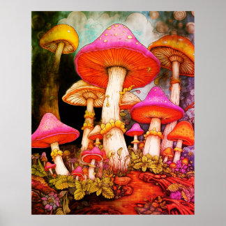 Paddenstoelen onder een stormachtige lucht achterg poster