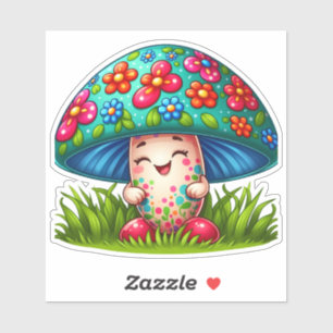 Paddenstoelenkarakter met bloemen en gras sticker