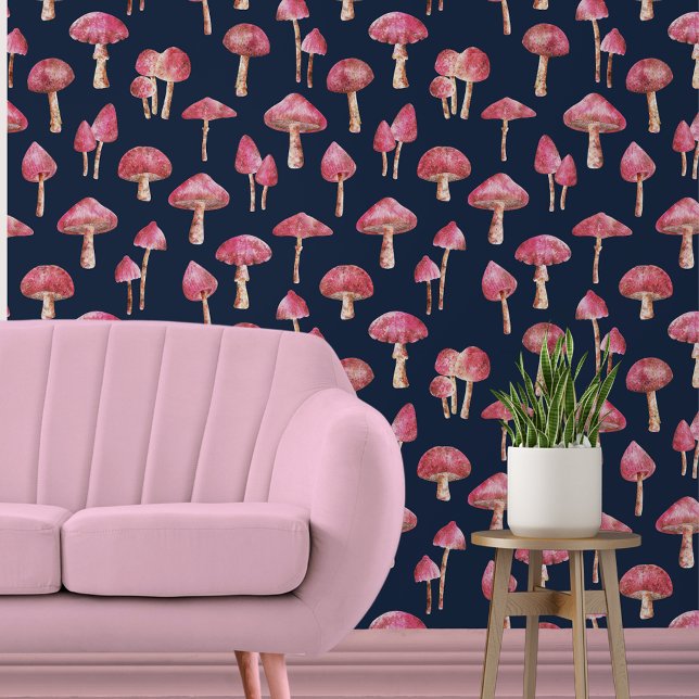 Paddenstoelpatroon Behang (pink mushroom and navy wallpaper)