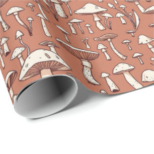 Paddenstoelprint op terracotta bruin cadeaupapier