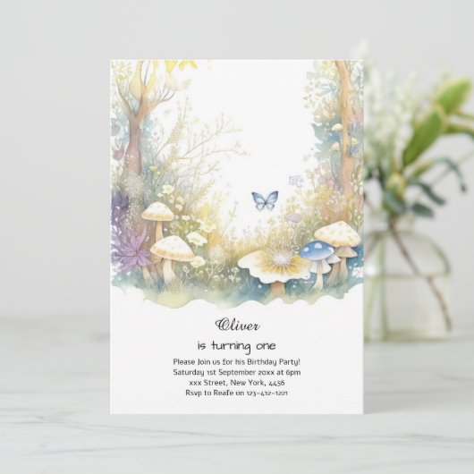 Paddestoel 1e verjaardag uitnodiging (Staand voorkant)