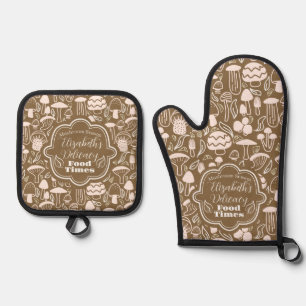 Paddestoel bruine crème ovenwant & pannenlap set