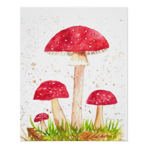 Paddestoel Paddestoel Bos waterverf Rode Natuur Perfect Poster