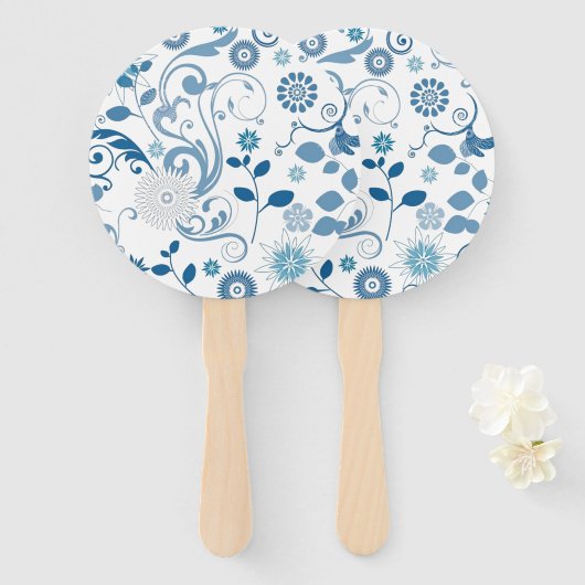 Paddle Fan-Blue Floral Handwaaier (Voorkant en achterkant)