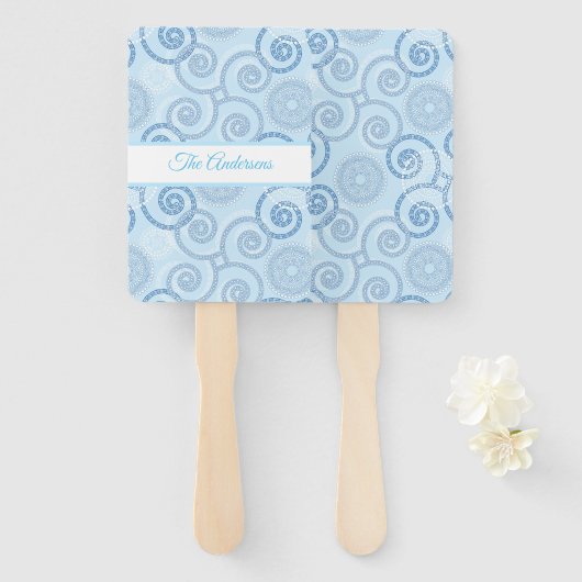 Paddle Fan-Blue Pearls Hand Fan Handwaaier (Voorkant en achterkant)