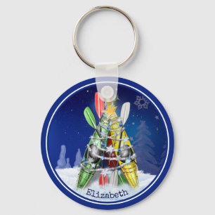 paddling winter Kayak - kerstboom gepersonaliseerd Sleutelhanger