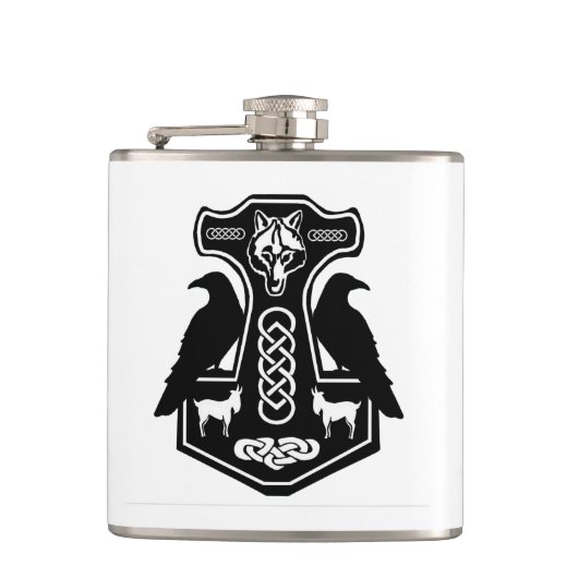 Pagan Thor Hammer met Ravens Flask Heupfles (Voorkant)