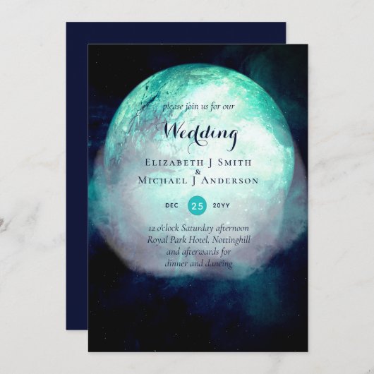 Pagan Turquoise Lune Gothique Mariage Invitation (Devant / Derrière)