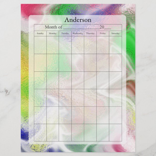 Page Calendrier vide, Conception des couleurs flou (Devant)
