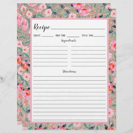 Page Classeur de la recette de Burlap rose rustiqu (Devant / Derrière)