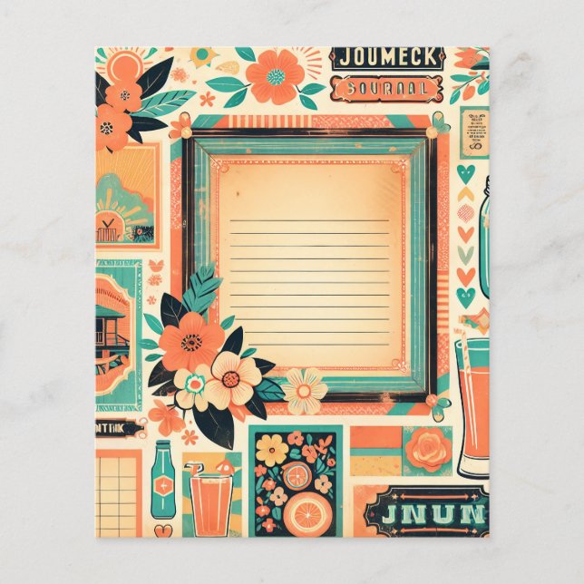 Page de journal floral démodé pêche et sarcelle su (Devant)