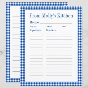 Page de recette à carreaux Gingham bleu et blanc d