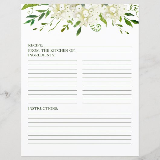Page de recette aquarelle florale d'hydrangea blan (Devant)